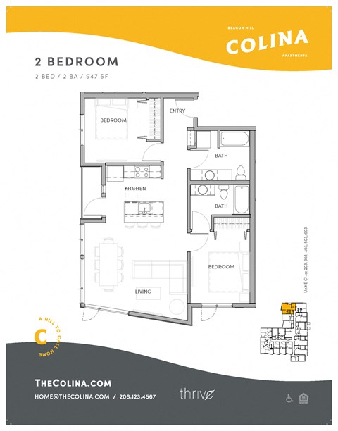 Floor plan for 2 beds, 2 baths, 947 sqft